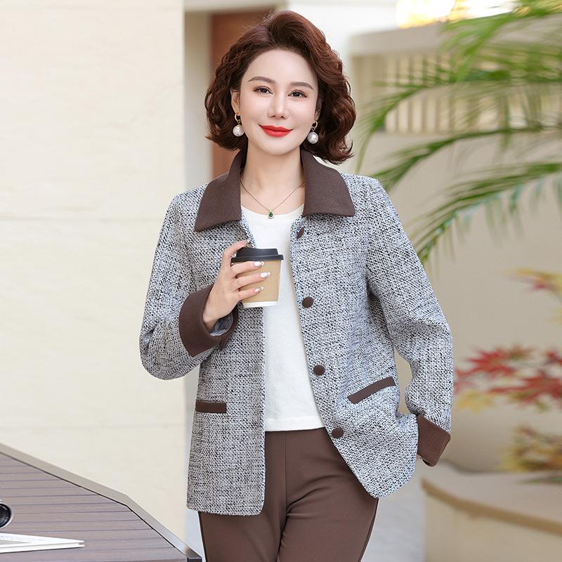 2025 Spring Fashion Turn-Down Collar Jacket for Middle-Aged Women - Stylish Short Fragrant Style