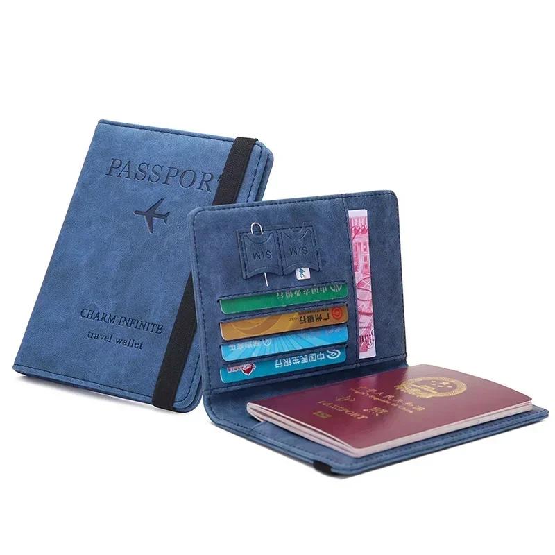 

Elastic Band Leather Passport Cover Travel Passport Holder Wallet Men Women Passports Card Document Cover синій