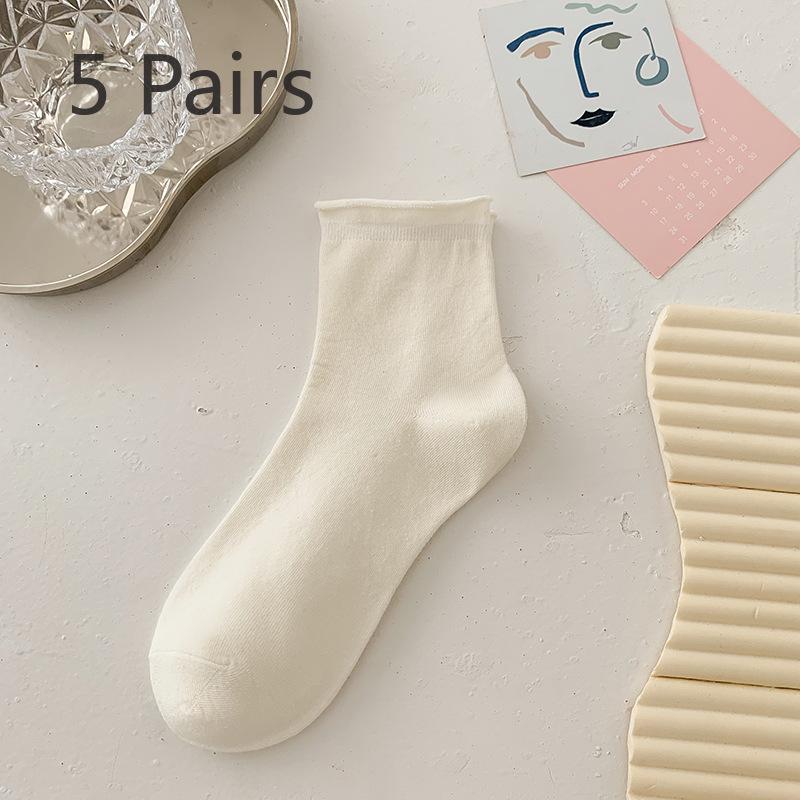 5 Pairs of Cute Candy Colored Rolled Up Mid Top Socks for Women In Summer