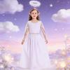 Elegant Long Sleeve Angel Dress With Gold Edging And Wing Attachments Costume Outfit Ideal For Stage Performances