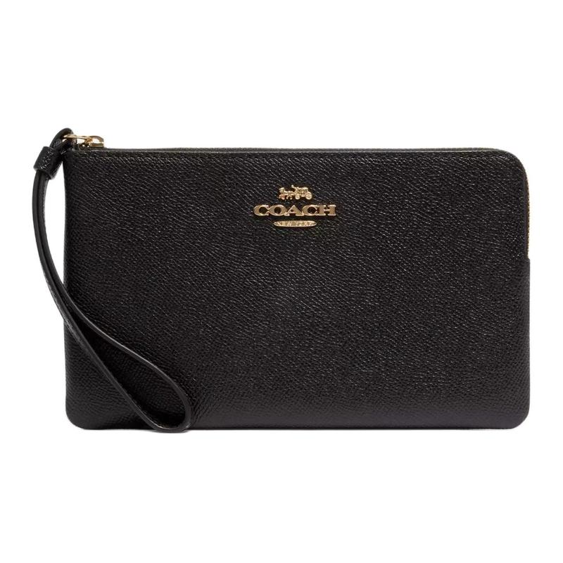 COACH Corner Zip Wristlet 20 Metal Logo Zip Closure Saffiano Leather Wristlet Clutch Small Women s Gold and Black чёрный