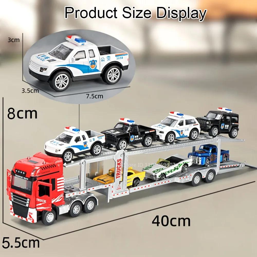 1:48 Double Decker Trailer Toy Models Metal Diecast Flatbed Truck Mounted Excavator Toys Sound Light Doors Opened for Boys Gifts