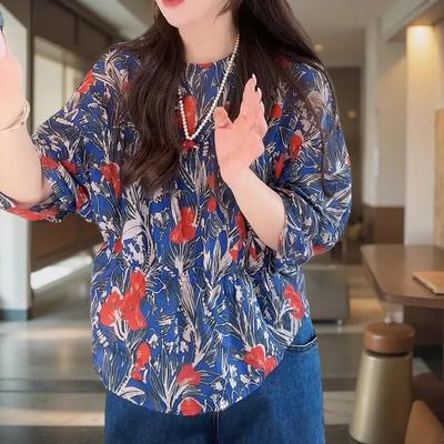 Women's Retro Casual Versatile Round Neck Floral Shirt Summer Lightweight and Breathable Pleated Slimming Shirt Top