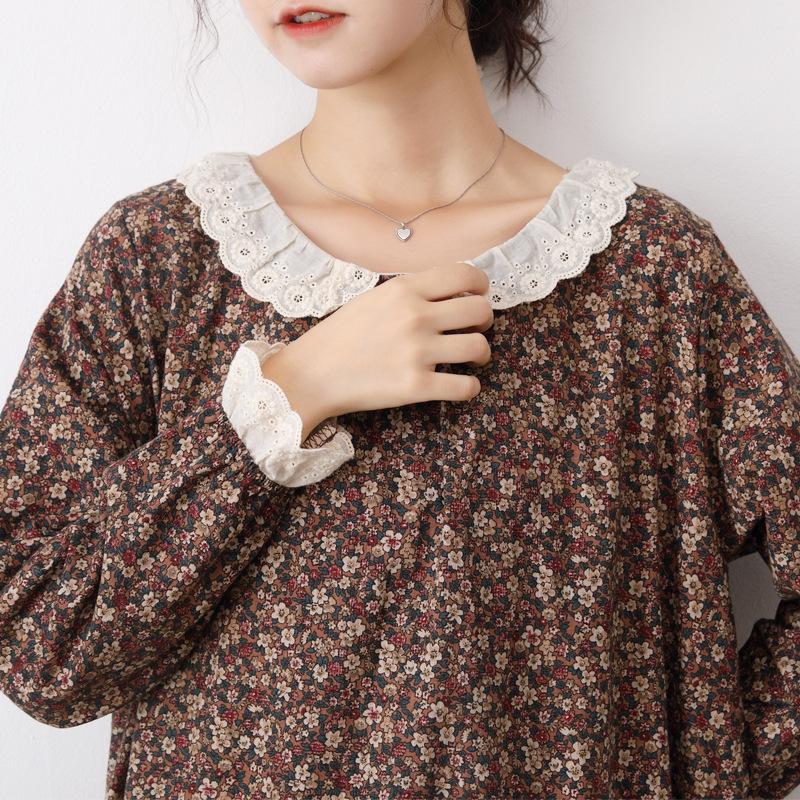 Johnature Japanse Bloemenjurk Losse Poppenkraag Strik Fake Twee Lange Mouwen Lange Jurken Vrouwen