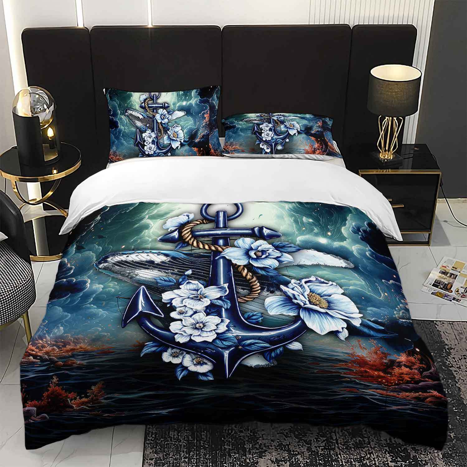 

3pcs Ocean Whale Anchor Bedding Duvet Cover Set Nautical Bedding Quilt Set Whale Themed Bed Set Luxury Bedroom Decor (135x200cm)