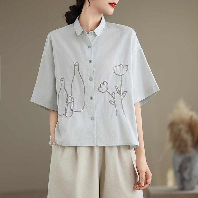 DIMANAF 2026 Women Plus Size New Summer Blouse Shirt Short Sleeve Embroidery Casual Loose Lady Tops Shirts Cotton
