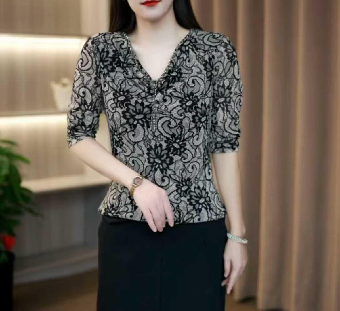 2026 Summer Floral V-Neck Rhinestone Mesh Long Sleeve Blouse XL for 45-55 kg