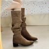 Design Pleated Pointed Toe Women Knee High Boots Fashion Thick Heels Party Dress Long Booties Autumn Winter Ladies Shoes