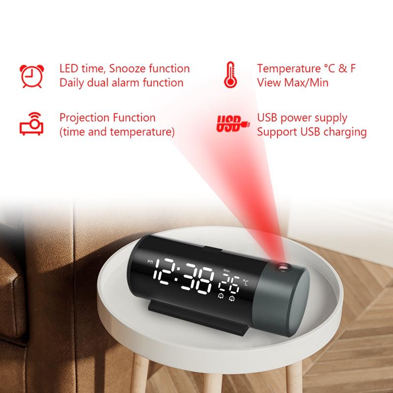 Digital Dual Alarm Clock LED Projector Thermometer Desk Bedroom Bedside 180° Rotation Projection Snooze Clocks USB Phone Charge