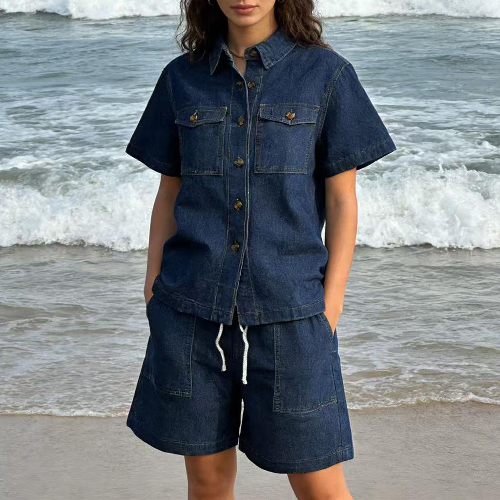 Women's 2-piece Denim Top Shorts Denim Set