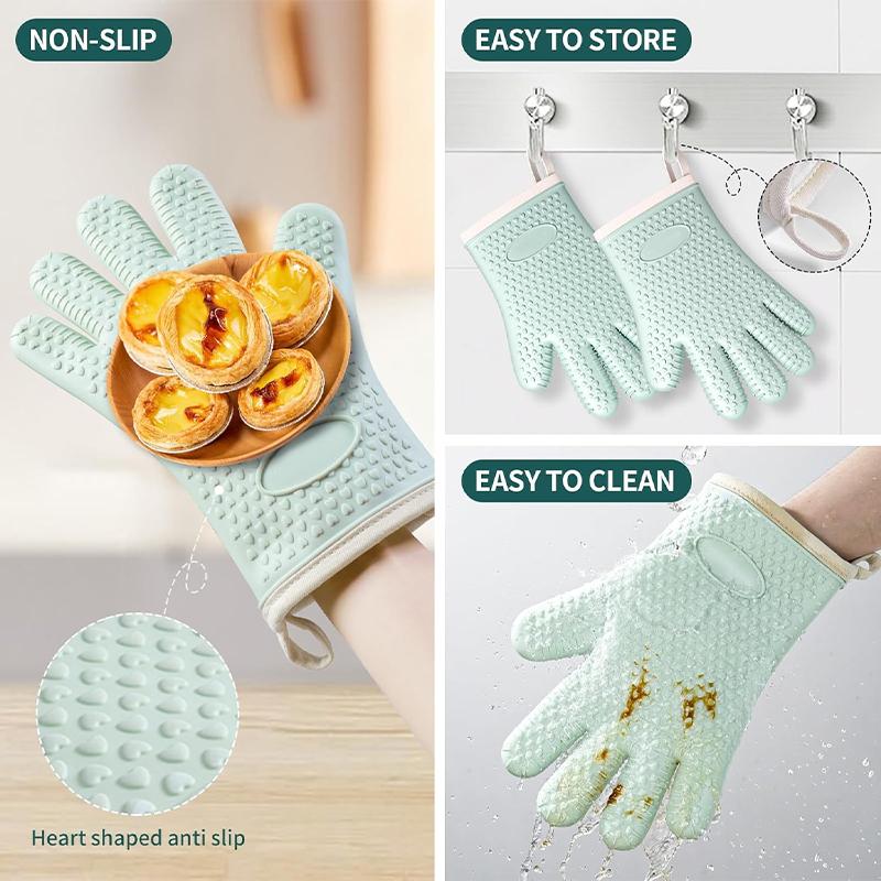 2PCS Silicone Oven Mitts Heat Resistant 450 Degrees Oven Glove Non-Slip Oven Gloves with Fingers Cotton Lined Kitchen Mitts