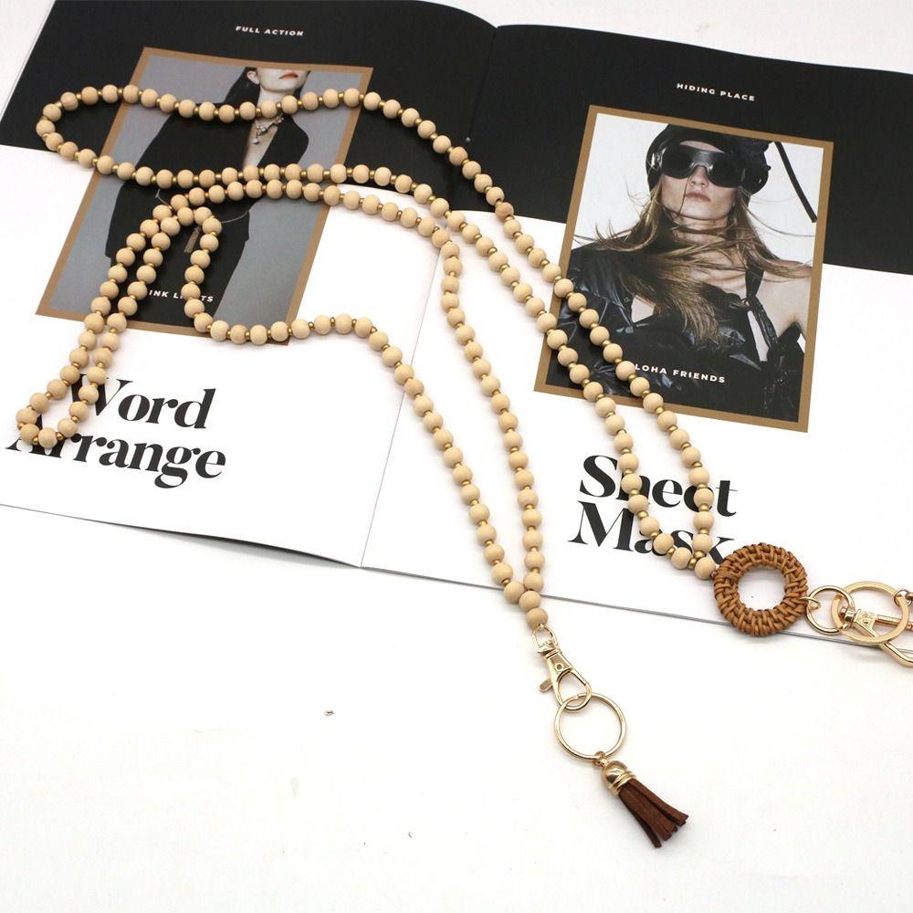 Charm Gift ID Badge Necklace Long Key Chains Accessory Beaded Lanyard Rattan Wood Bead Lanyard