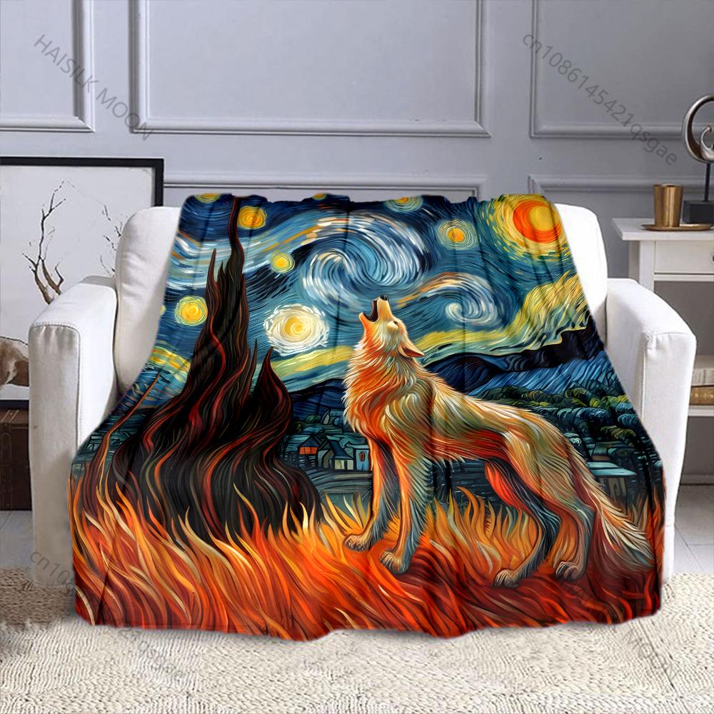 Multi size Van Gogh Starry Wolf Pattern Blanket Flannel Material Soft Warm for All Seasons, Home Outdoor Camping Picnics RV