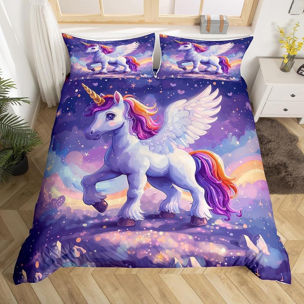 Einhorn Pferd Bettbezug Set Queen Size Träumerisches Regenbogen Bettwäsche 3 Teile Kinder Teenager Buntes Funkelndes Galaxie Set 2 Kissenbezüge