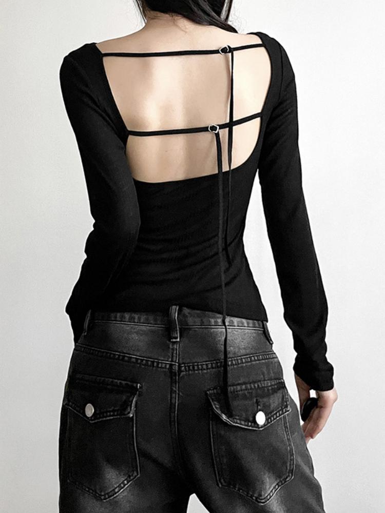 Women Autumn Long-sleeved Slash Neck Crops Tops Elastic Sexy Slim Backless T-Shirts Female New Fashion Lace-up Solid Top Tees