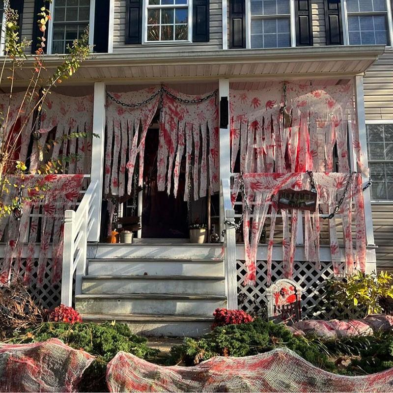 Halloween Doorway Curtains Decorative Blood Gauze Fabric Bloody Handprints Doorway Curtains Halloween Scary Haunted Home Decor