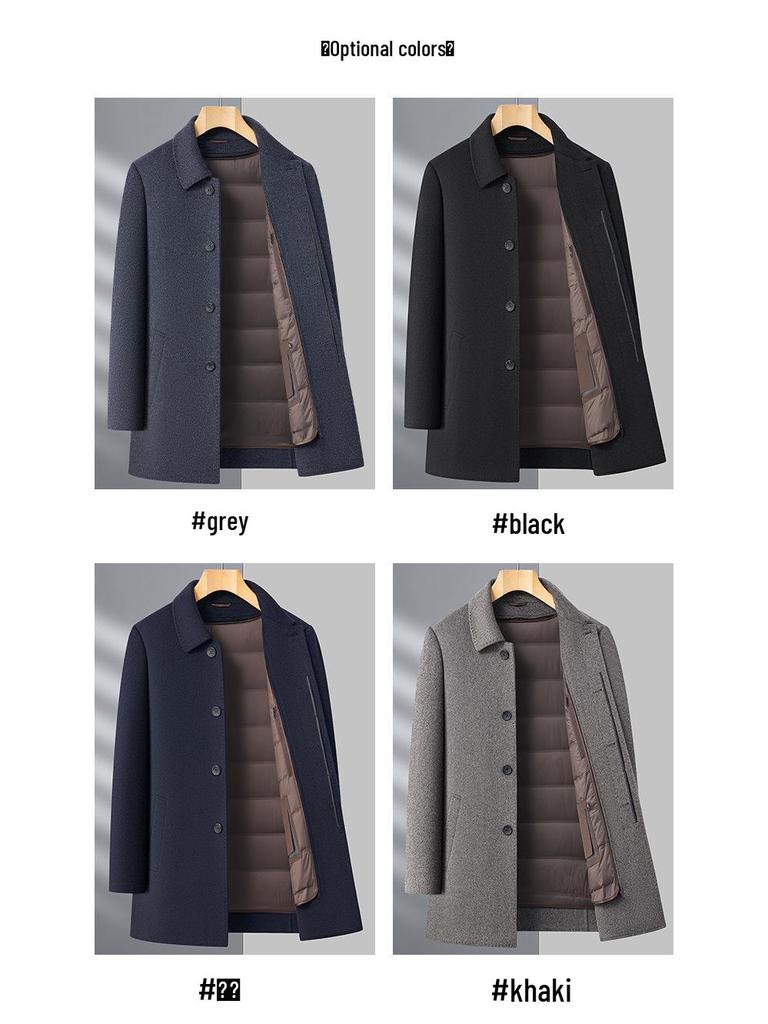 Men's Winter Woolen Overcoat with Detachable Down Liner, Double-Faced Wool, Regular Lapel for Middle-Aged Men.