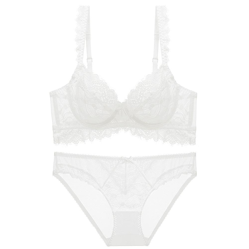 Ultra-thin sponge-free transparent bra, big chest and small lace bra, women's sexy underwear, bra set.