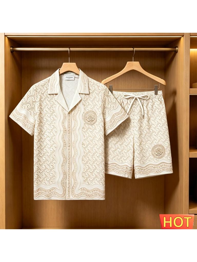 Gradient Pattern Shirt and Shorts Set Summer Men’s Hawaiian Vacation Shirt Set Breathable Men’s Casual Two-Piece Set