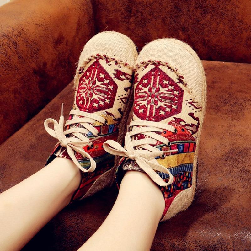 Ethnic Style Handmade Totem Cloth Shoes 2025 Autumn Spring New Cotton Linen Soft Sole Short Boots Women's Flat Shoes Size 35 44