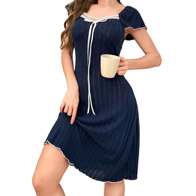 Ruffle Bow Short Sleeve Nightdress – Casual, Elegant Home Wear for Inside and Out