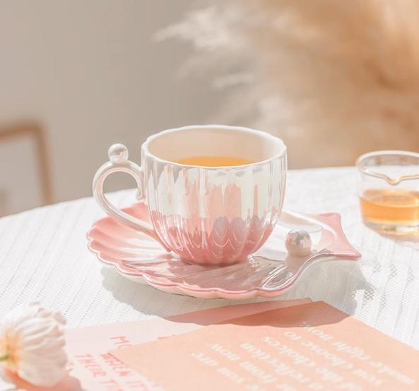 Набор из кофейной чашки и блюдца в форме ракушки, пара чашек для воды, молочных чашек, молочных кружек, чашек для завтрака, кофейных кружек, кружек для питья и чая 201-300ml розовый
