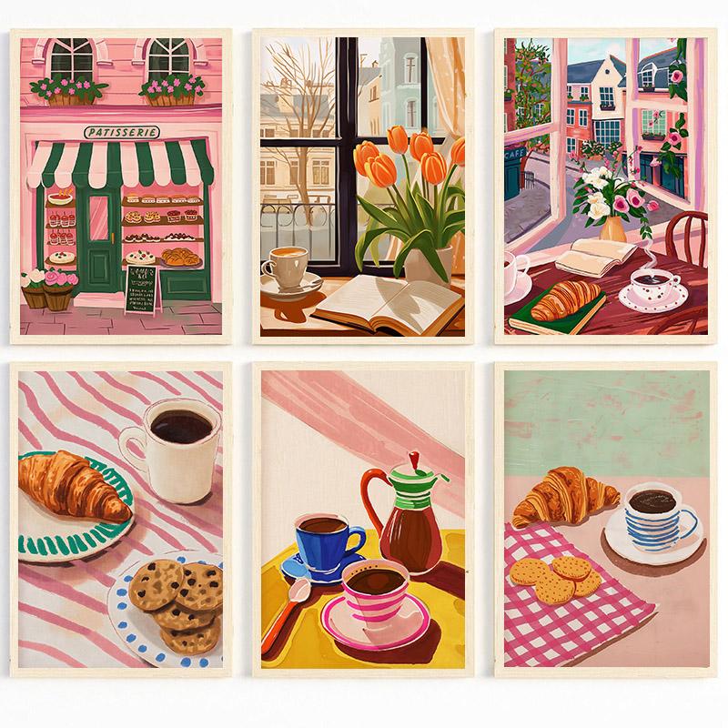 Coffee Shop City Bakery Illustration Croissants and Cookies Art Poster Canvas Painting Wall Print Picture for Kitchen Home Decor