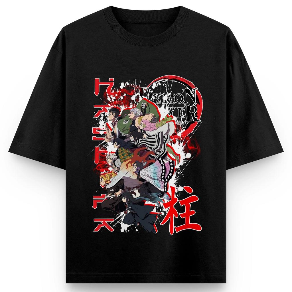 Demon Slayer Hashira T-Shirt Men's Black Anime Pillar Print Graphic Tee Japanese Kanji Lettering Oversized Streetwear