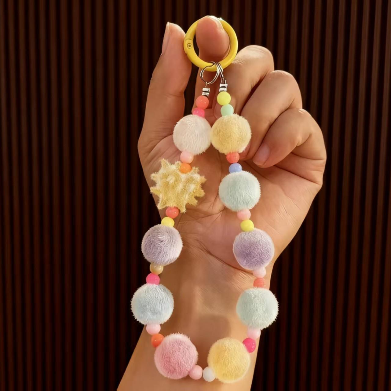 

Korean Style Fur Ball & Beaded Handbag Charm Wristlet for Women