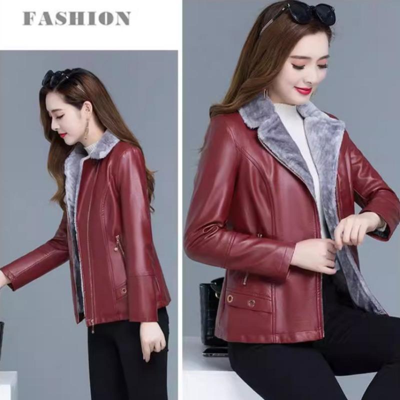 Women S Short Fleece Lined Suit Collar Leather Jacket Winter Casual Coat
