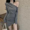 YONGO Long Sleeve Irregular Short Cabaret Party Dress Women's Off-the-Shoulder Dress, Sexy, Fit, Length, Dress, (10 Gray)