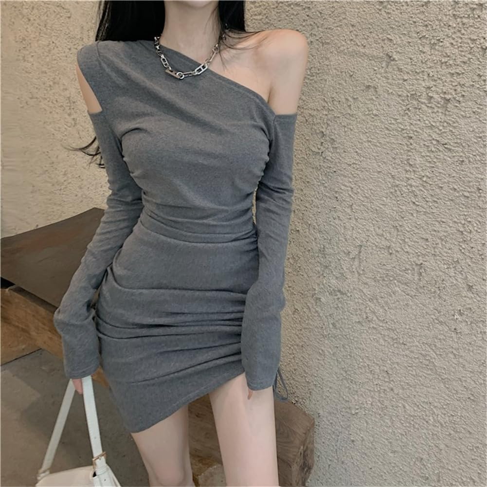 YONGO Long Sleeve Irregular Short Cabaret Party Dress Women's Off-the-Shoulder Dress, Sexy, Fit, Length, Dress, (10 Gray)
