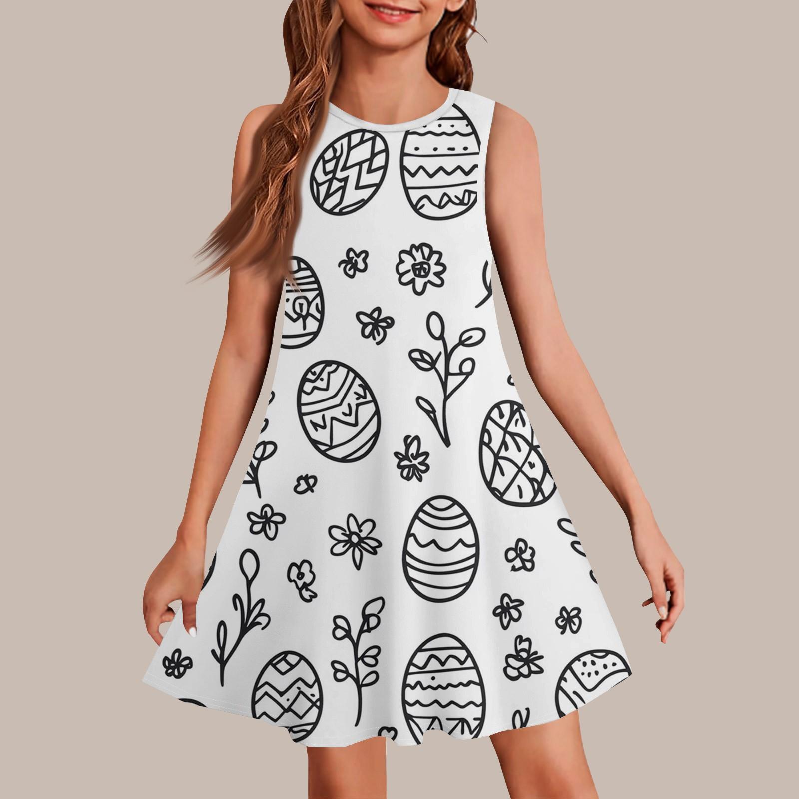 

Девочки мода повседневный без рукавов круглый вырез пасхальный принт платье 160 белый