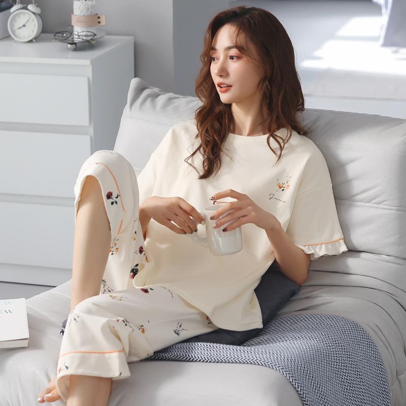 Sommerpyjamas aus Baumwolle, Heimkleidung für Damen, Rundhalspullover, lässig, bequem, Neun-Hosen-Pyjama-Set