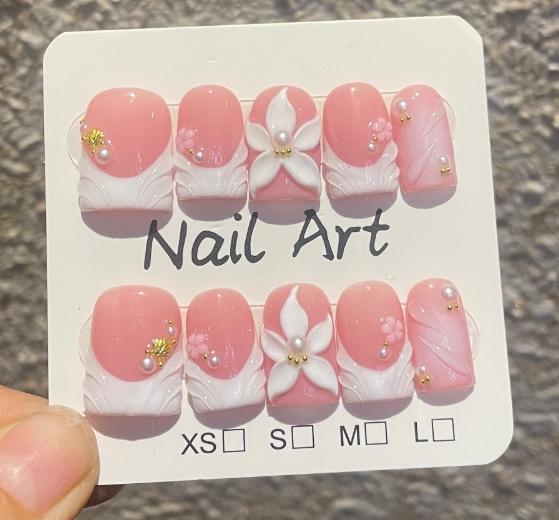 10Pcs Short Pink Lovely Summer Nails Art French White Flowers Pearls Designs Press on Nails Handmade Ballet Square Nail Tips Set