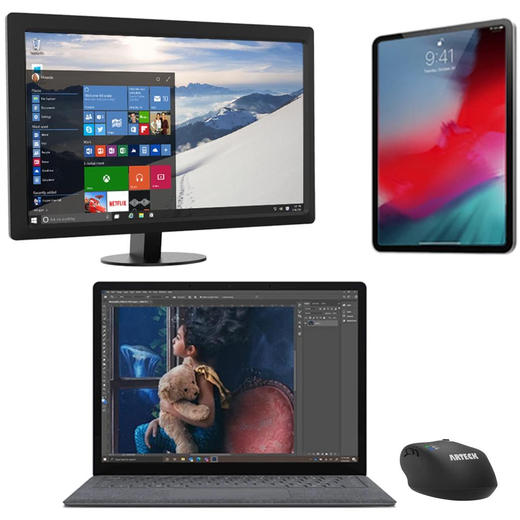 Arteck Wireless Bluetooth USB Ergonomic Quiet Compatible with and Windows Black Multi-Device Mouse, 2.4GHz, Receiver, Design, Right-Handed Click,