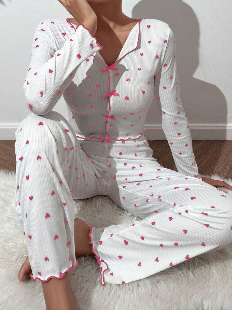 Heart Print Jacquard Long-Sleeve Pajama Set for Women