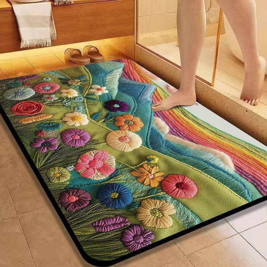 WTEMPO Home Entrance Door Mat 3D Rainbow Flower Carpet Bathroom Toilet Non Slip Foot Mat