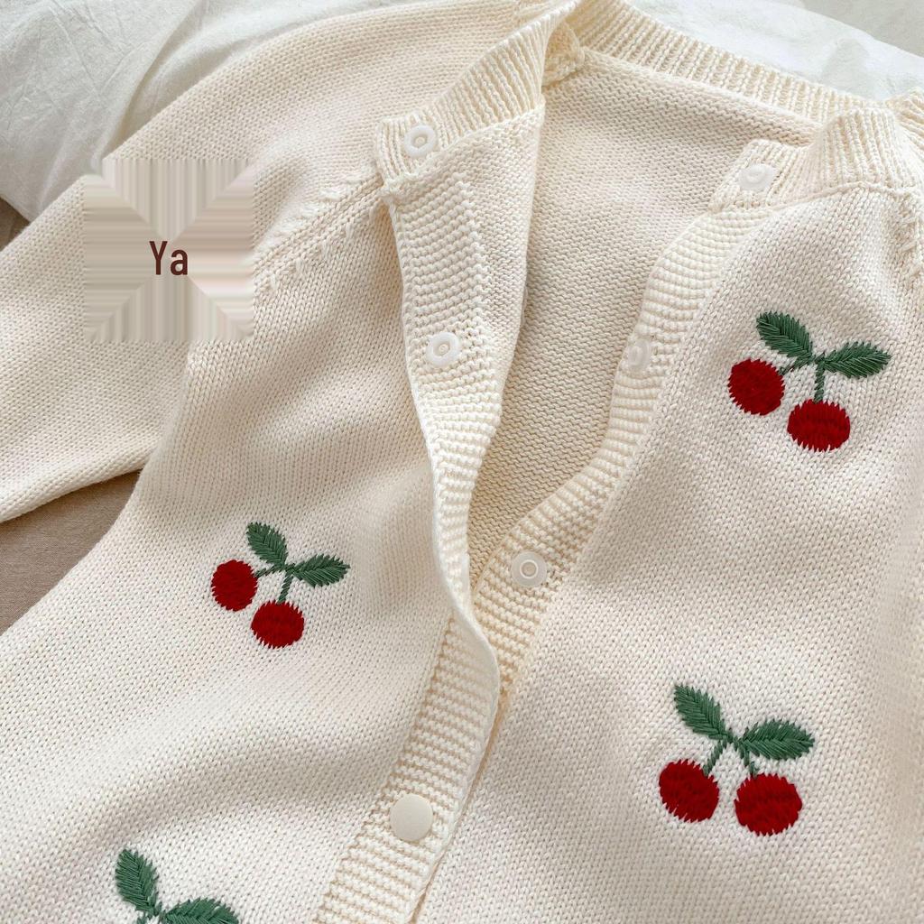 Frühling/Herbst 2025 Baby Kirsche Strick Strampler Set - Niedliches Baumwoll Latzhose Bubble Outfit