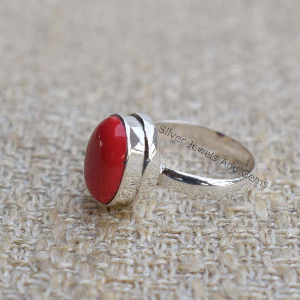 Handmade Oval Red Coral Ring, 925 Sterling Silver April Birthstone Ring