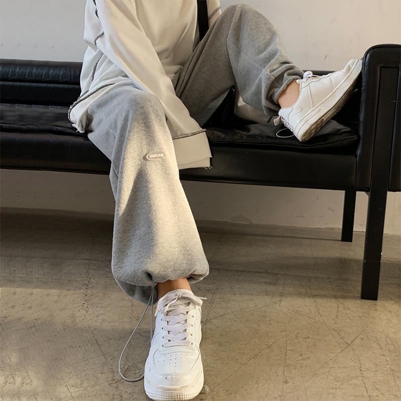 

Women s Gray Cuffed Sweatpants — Spring/Autumn 2026, High-Waist, Straight-Leg, Cotton, Casual, Loose Fit. XL 146-165 lbs