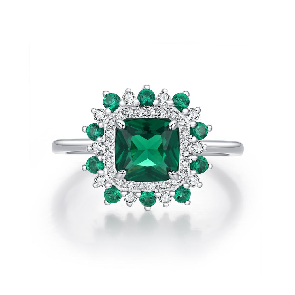MODIAN Anéis de Dedo Quadrados Retro Elegantes em Prata 925 Genuína com Zircônia Verde Corolla para Mulheres Joias Finas de Coquetel para Festa