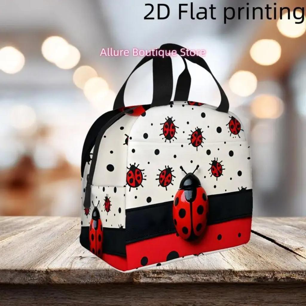 A 2D Flat-Printed Bag Featuring a Ladybug Design with Fun Polka Dots And Bright Colors. This Insulated Cooler Bag Is Reusable An