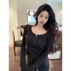 Y2k Slim Fit U-hals Knopenlijst T-shirt Dames Herfst Winter Ondergoed Korte Stijl Basis T-shirt Trendy Lange Mouw Pit Tops