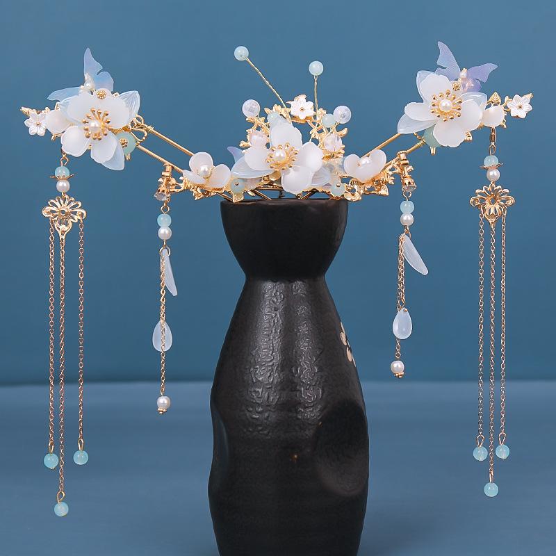 FORSEVEN Chinesisches Haaraccessoires Damen Blume Perlen Haarnadeln Lange Quaste Kopfschmuck Stäbe Haarkamm Brautschmucksets
