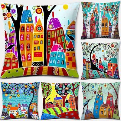 Cartoon Tree Graffiti Design Double-Sided Printed Pillow Cover Short Plush Suitable Living Rooms Bedrooms Throw Cushion Cover