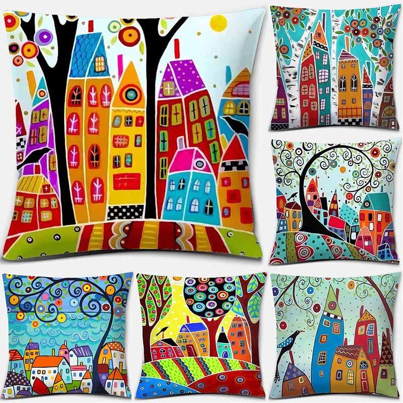 Tinika Chen Unisex Cartoon Tree Graffiti Print Pattern Cushion Cover Home Living Room Sofa Decoration Square Pillow 45*45Cm