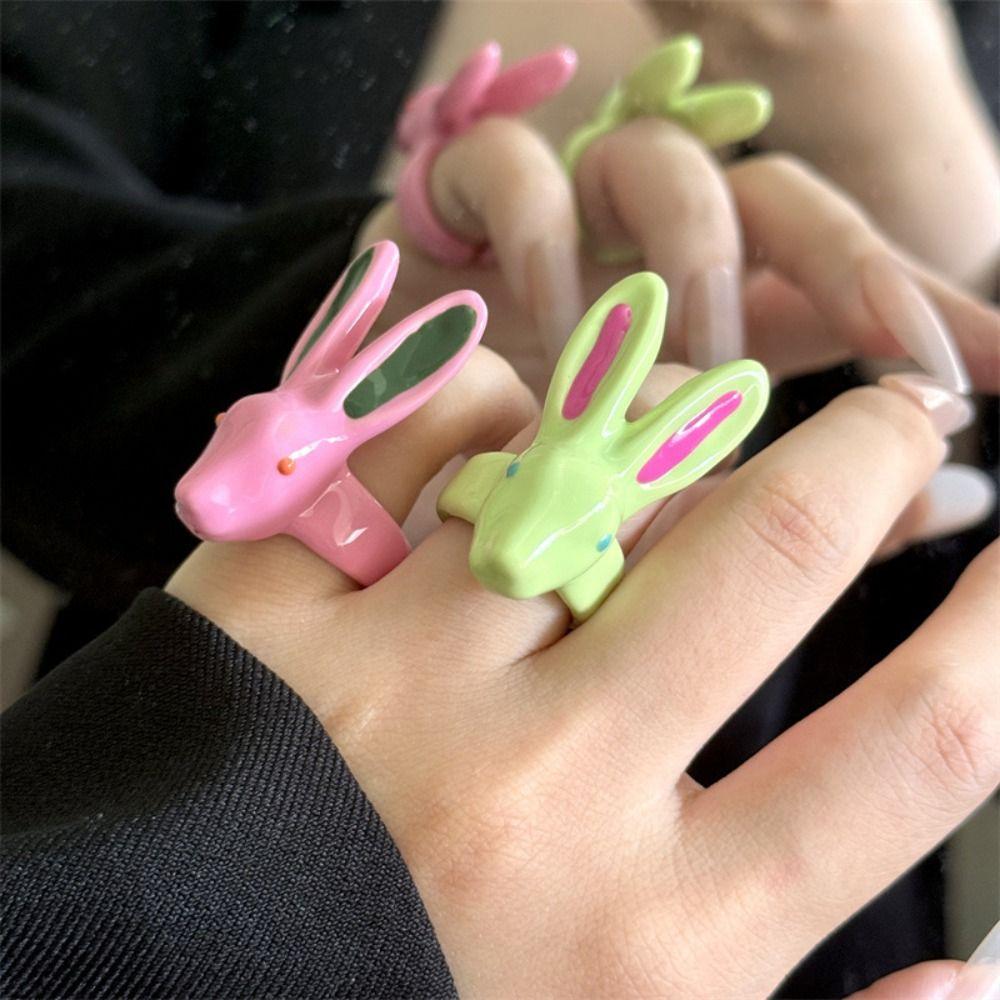 Macaron Color Rabbit Drip Oil Ring Minority Design Chunky Enamel Ring Exaggerated Ring  Couple