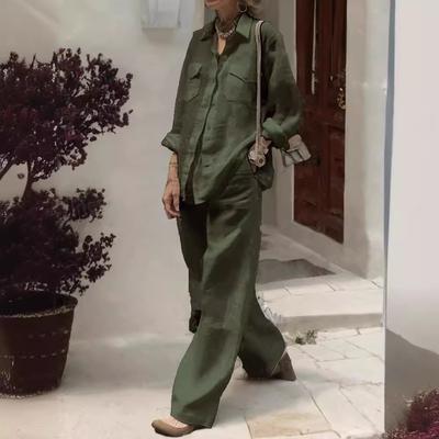 Herbst Frühling Damen Solide Baumwolle Leinen Hemd 2 Stück Set für Frauen Langarm Bluse Top Taschen Hosen Anzug Weibliche Casual Outfits