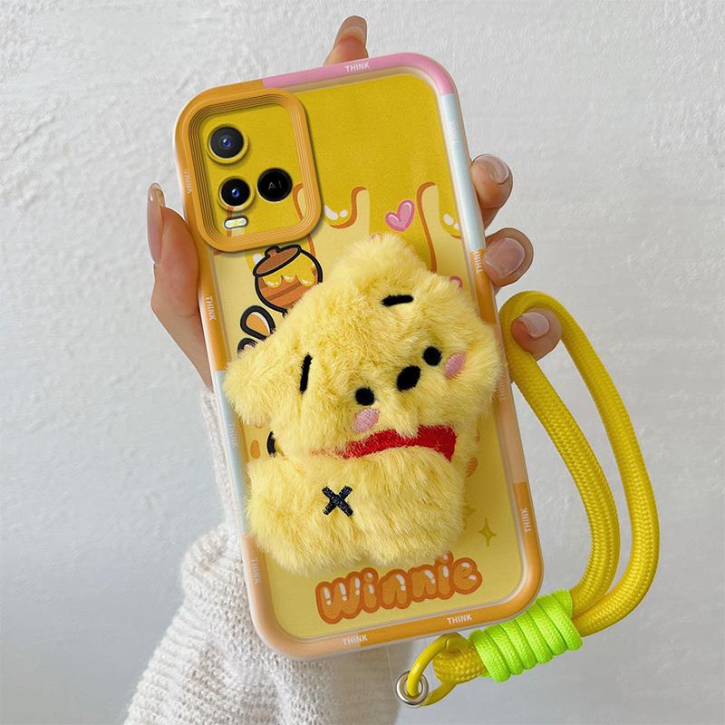 KEYSION Cute 3D Cartoon Plush Case for VIVO Y21 Y21S Y33S Y33T with Lanyard Soft Silicone Shockproof Phone Cover for VIVO T1X